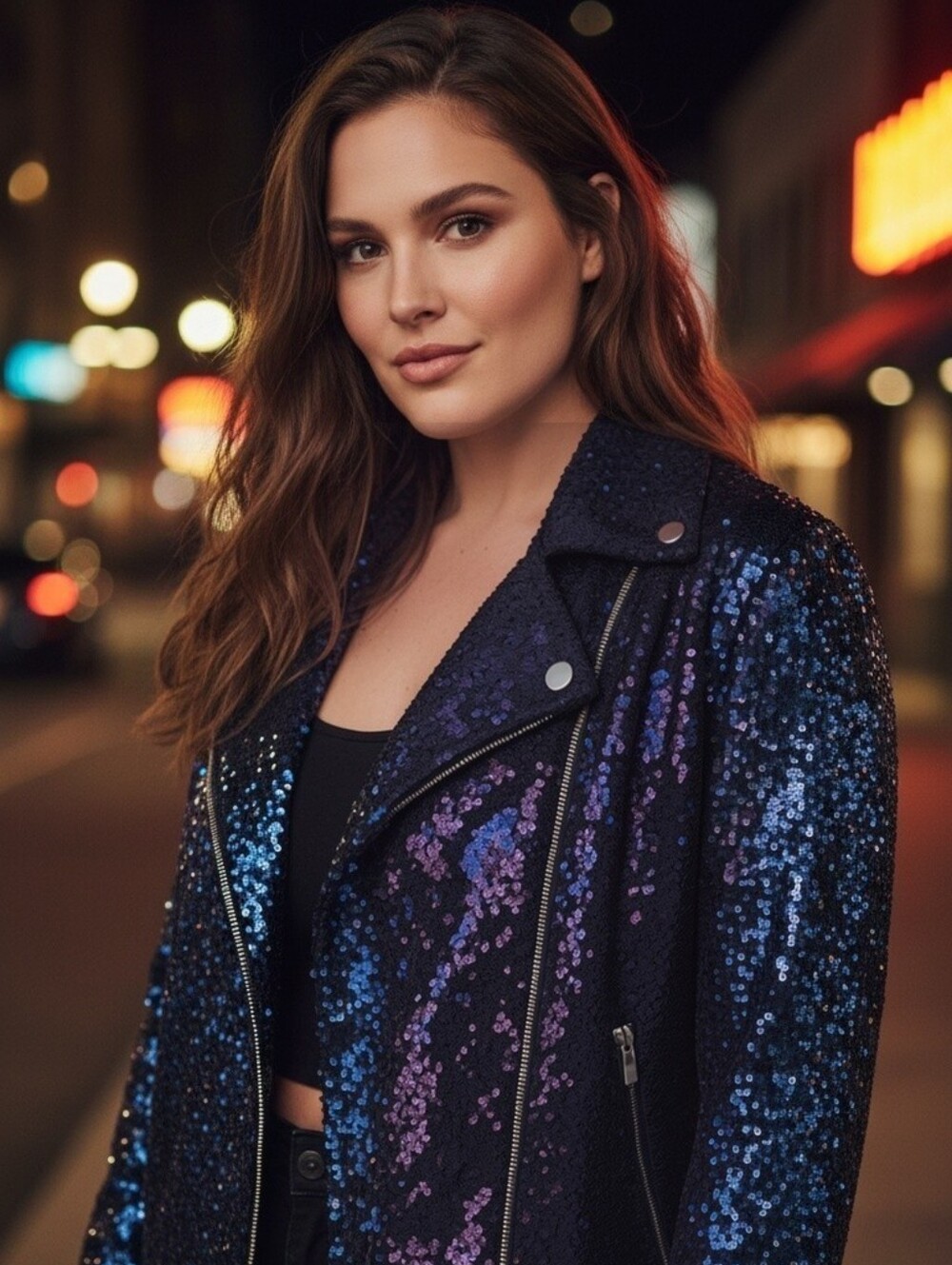 NWT Colleen Lopez Sequin Moto Jacket - Navy Blue - Size 2X